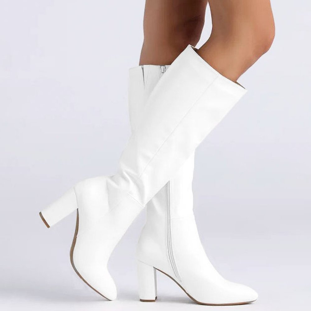 New White Pointed Toe Chunky Heel Knee High Boots